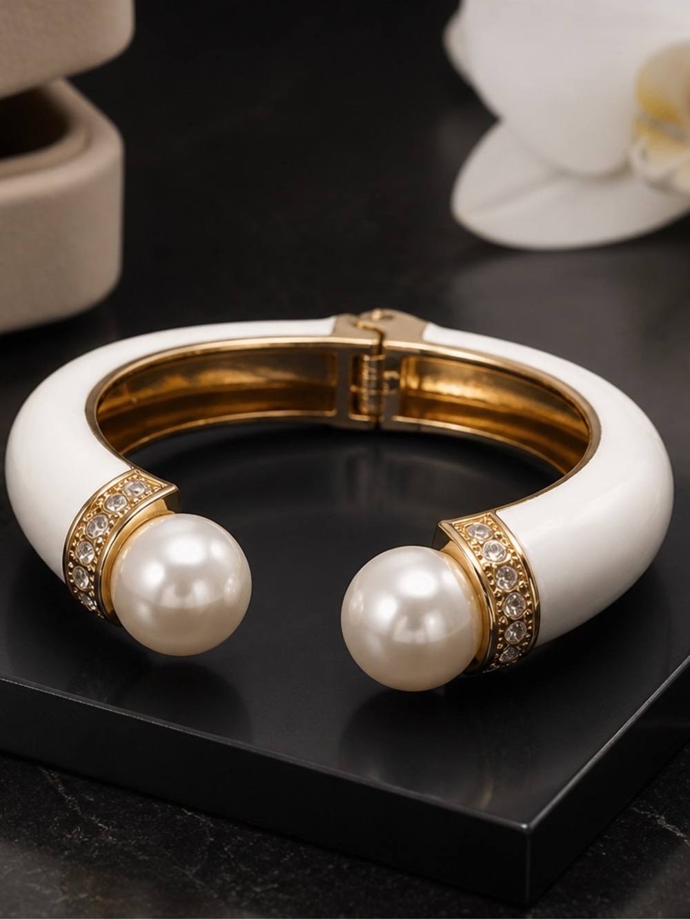 Vintage Style White Enamel Pearl & Rhinestone Cuff Bracelet
